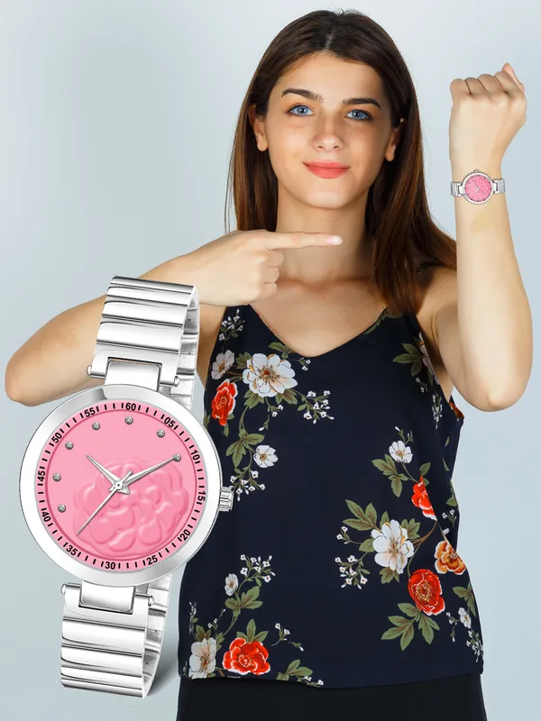 New_Trending_Pink-Silver_Round_Braclet_3D_Flower_LR318