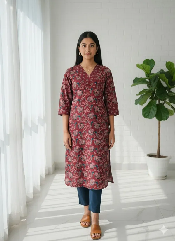 Maroon_Cotton_Premium_Jaipuri_Print_Kurta_For_Women