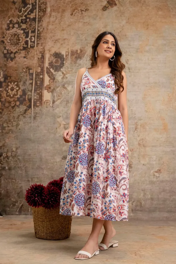 Red_And_Blue_Floral_Handblock_Cotton_Midi_Dress_For_Women