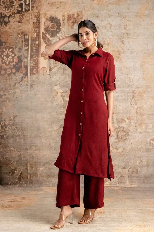 Maroon_Textured_Button-Down_Co-Ord_Set_Women