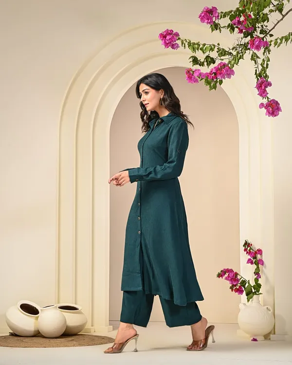 Bottle_Green_Text_Button-Down_Co-Ord_Set_For_Women