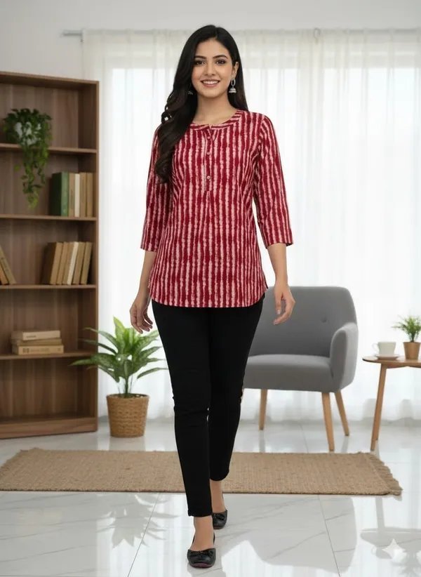 Maroon_Printed_Stripes_Short_Kurta_For_Women