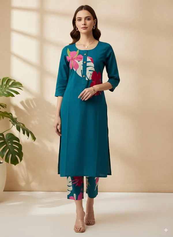 Navy_Blue_Patch_Work_Kurta_&_Printed_Pants_For_Women