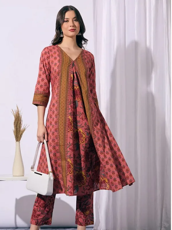 Dark_Peach_Rose_Wood_Block_Print_Kurta_Set_For_Women