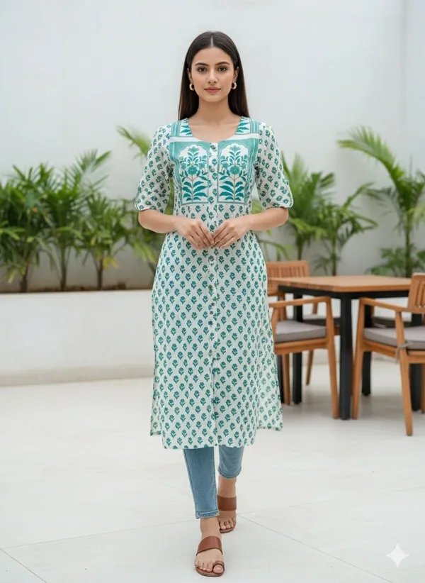 Bottle_Green_Aqua_Block_Print_Straight_Kurta_For_Women