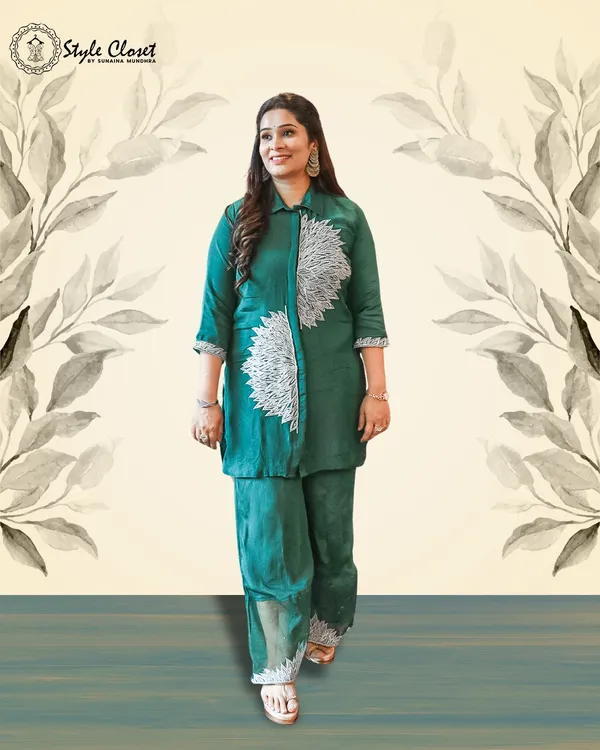 Bottle_Green_Emerald_Shine_Hand-Embroider_Co-Ord_Set_For_Women
