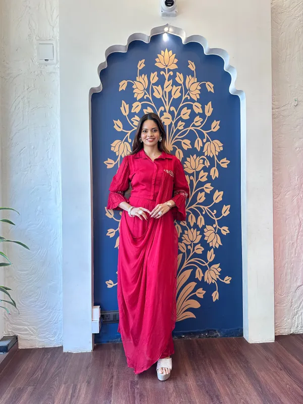 Red_Crimson_Drape-Style_Indo-Western_Dress_For_Women