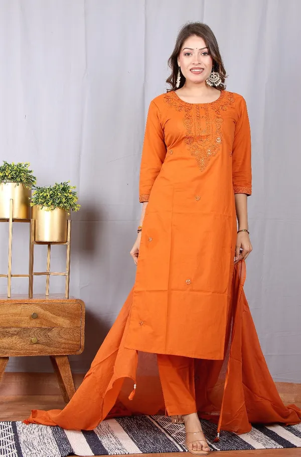 Rust_Orange_Saffron_Handloom_Ethnic_Suit_Set_For_Women
