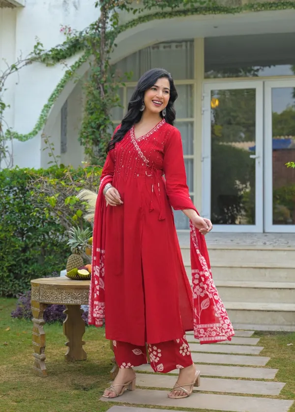 Crimson_Red_Angrakha_Cotton_Kurta_Set_With_Printed_Palazzo_And_Dupatta_For_Women