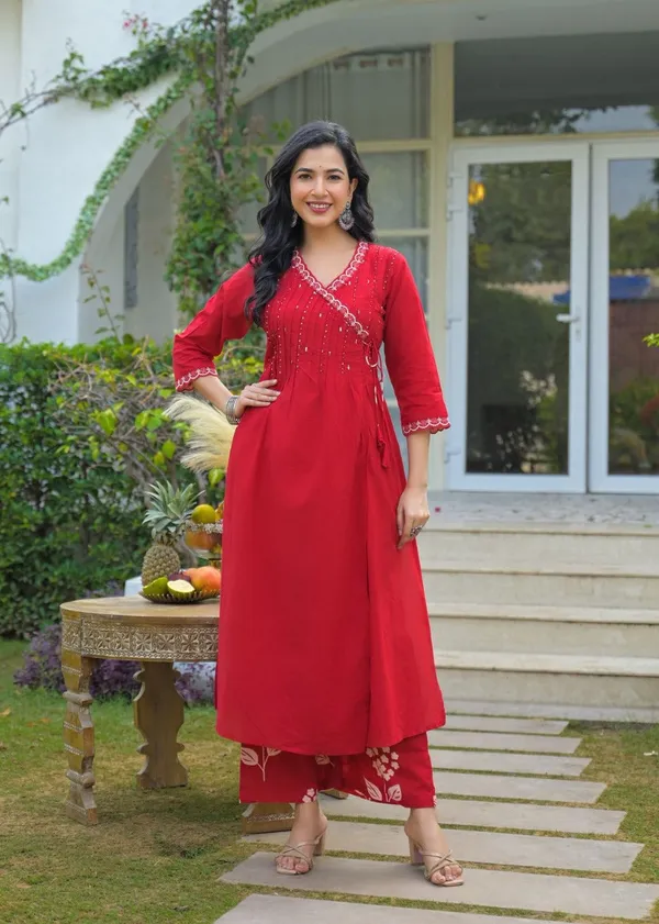 Crimson_Red_Angrakha_Cotton_Kurta_Set_With_Printed_Palazzo_And_Dupatta_For_Women