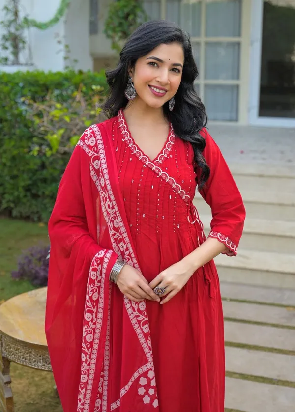 Crimson_Red_Angrakha_Cotton_Kurta_Set_With_Printed_Palazzo_And_Dupatta_For_Women