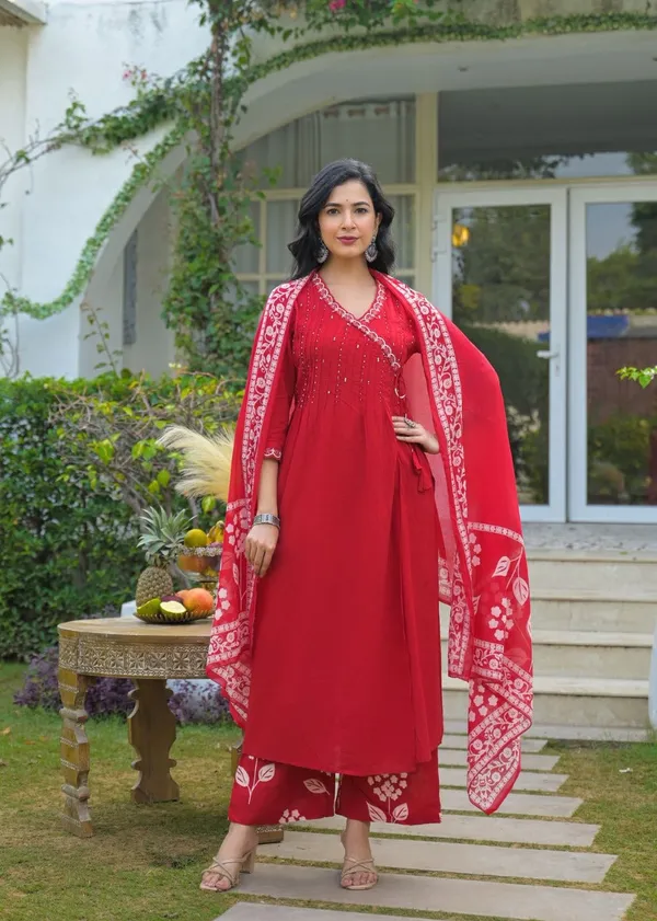 Crimson_Red_Angrakha_Cotton_Kurta_Set_With_Printed_Palazzo_And_Dupatta_For_Women