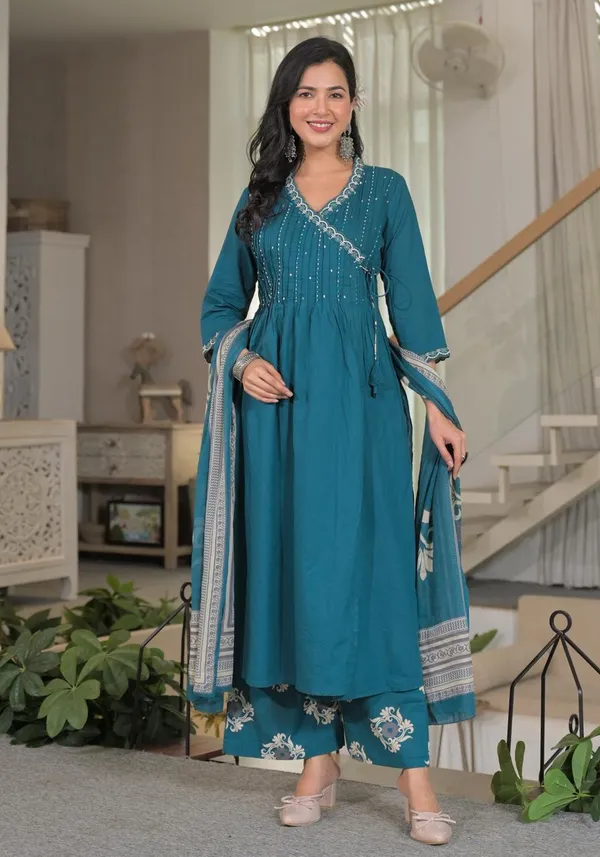 Teal_Blue_Angrakha_Cotton_Kurta_Set_With_Printed_Palazzo_And_Dupatta_For_Women