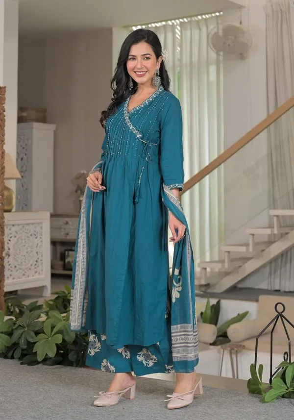 Teal_Blue_Angrakha_Cotton_Kurta_Set_With_Printed_Palazzo_And_Dupatta_For_Women