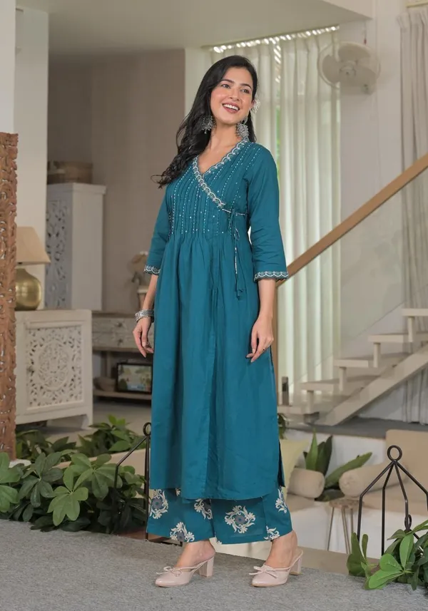 Teal_Blue_Angrakha_Cotton_Kurta_Set_With_Printed_Palazzo_And_Dupatta_For_Women