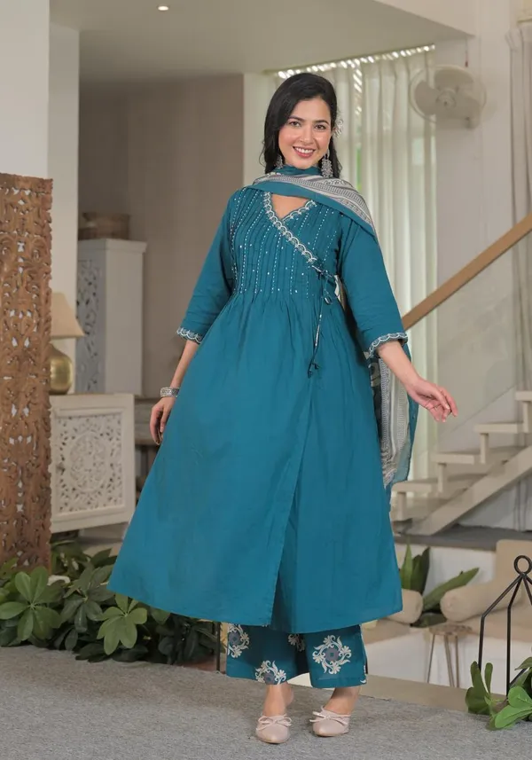 Teal_Blue_Angrakha_Cotton_Kurta_Set_With_Printed_Palazzo_And_Dupatta_For_Women