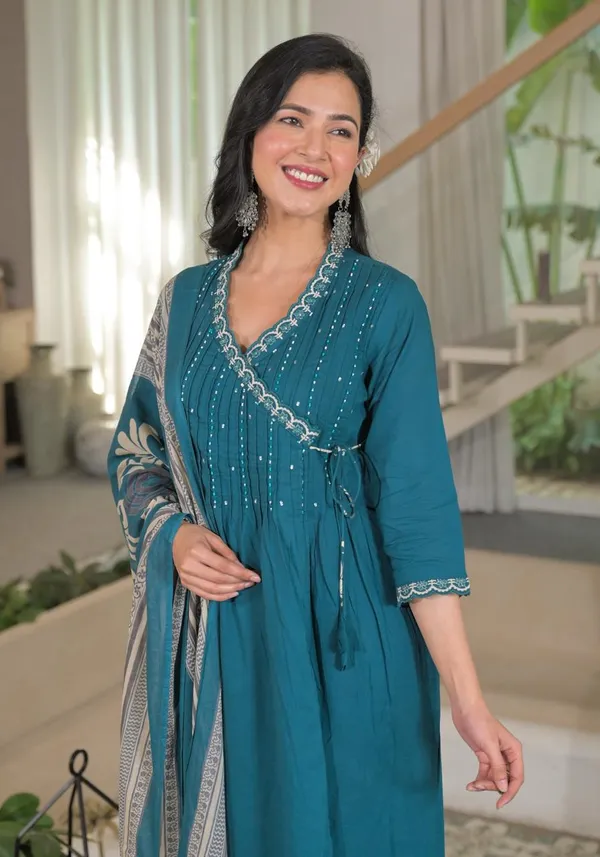 Teal_Blue_Angrakha_Cotton_Kurta_Set_With_Printed_Palazzo_And_Dupatta_For_Women