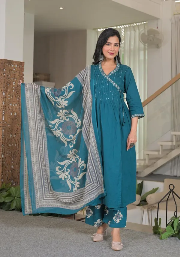 Teal_Blue_Angrakha_Cotton_Kurta_Set_With_Printed_Palazzo_And_Dupatta_For_Women