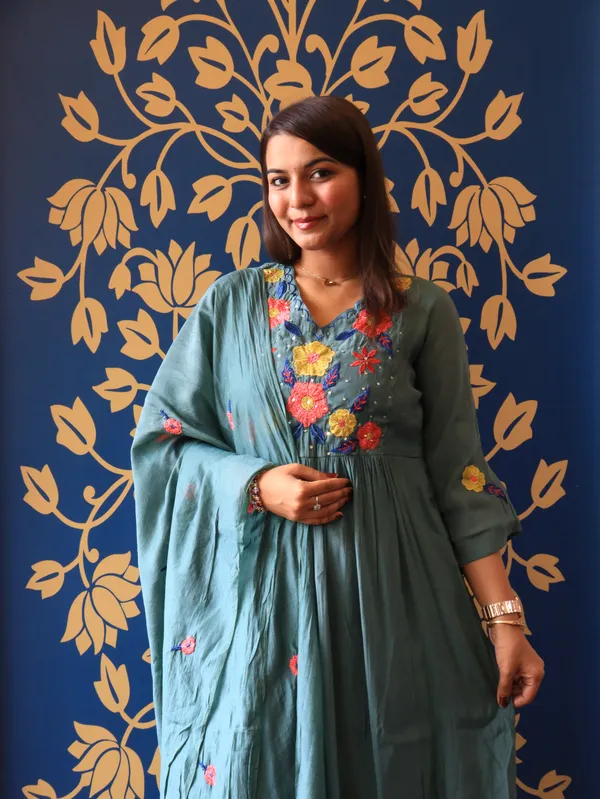 Teal_Blue_Dusty_Floral_Handwork_Kurta_Set_For_Women