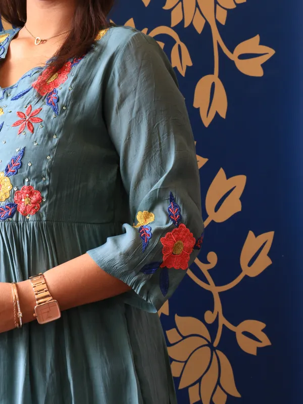 Teal_Blue_Dusty_Floral_Handwork_Kurta_Set_For_Women