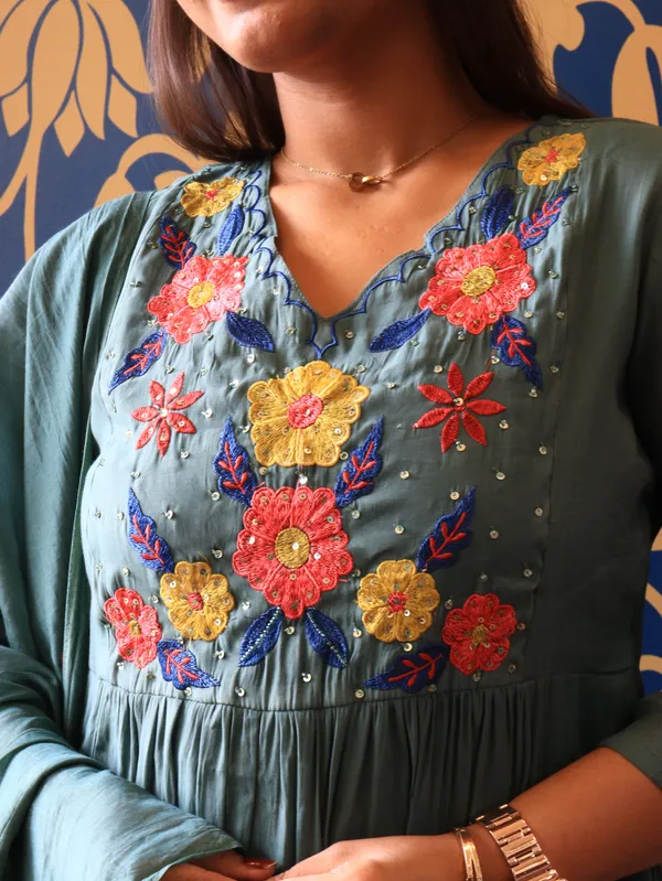Teal_Blue_Dusty_Floral_Handwork_Kurta_Set_For_Women