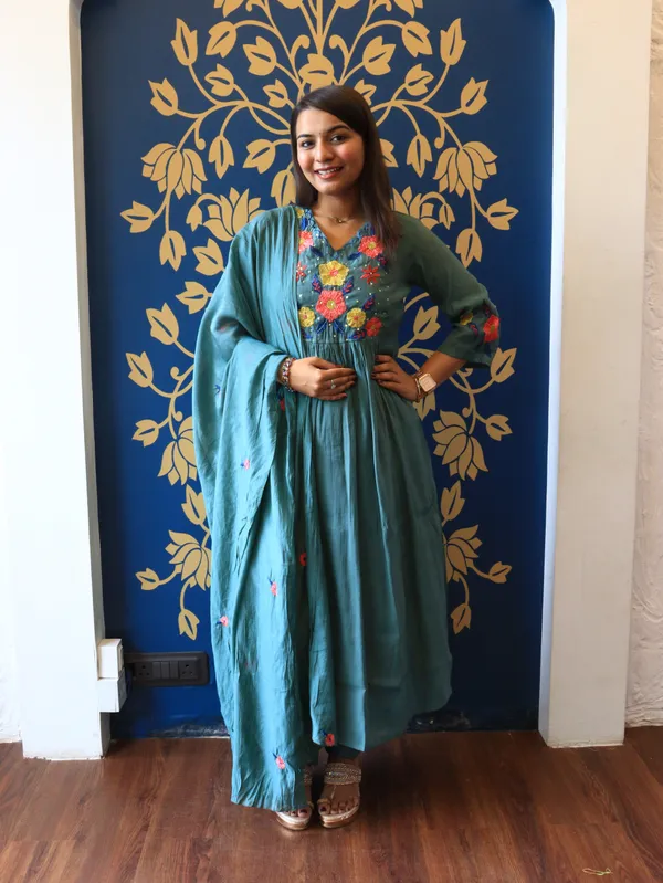 Teal_Blue_Dusty_Floral_Handwork_Kurta_Set_For_Women