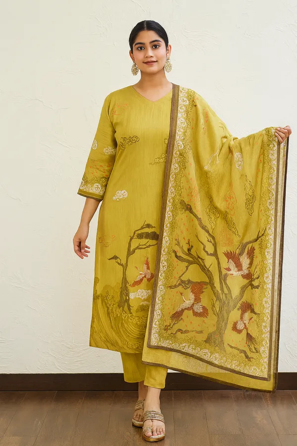 Light_Olive_Green_Bird_Motif_Suit_Set_For_Women