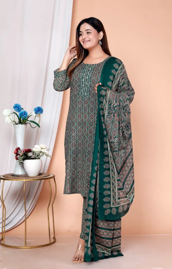 Bottle_Green_Emerald_Floral_Block_Print_3-Piece_Cotton_Suit_Set_For_Women