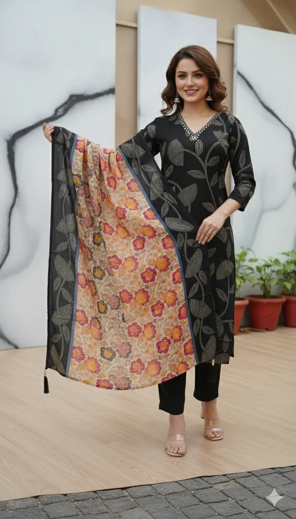 Dark_Navy_Blue_Bandhani_Print_Kurta_Set_With_Floral_Handloom_Dupatta_For_Women