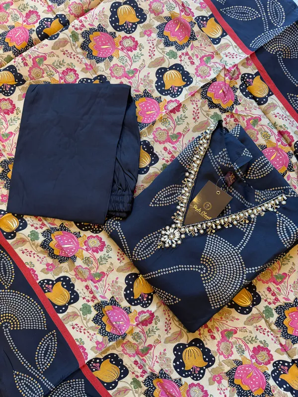 Dark_Navy_Blue_Bandhani_Print_Kurta_Set_With_Floral_Handloom_Dupatta_For_Women
