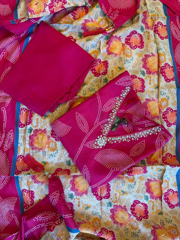 Rani_Pink_Bandhani_Print_Kurta_Set_With_Floral_Handloom_Dupatta_For_Women