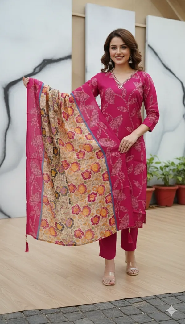 Rani_Pink_Bandhani_Print_Kurta_Set_With_Floral_Handloom_Dupatta_For_Women
