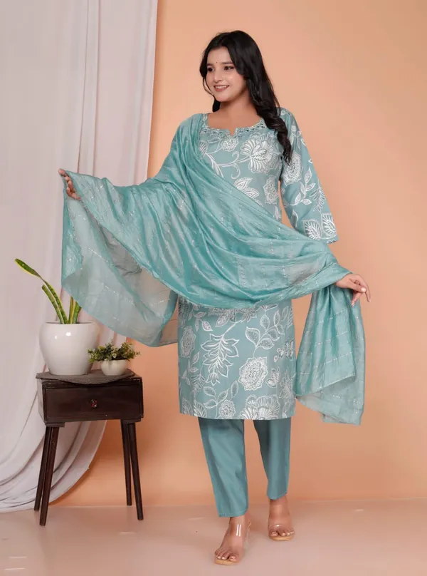 Aqua_Blue_Floral_Elegance_Printed_Kurta_Set_For_Women