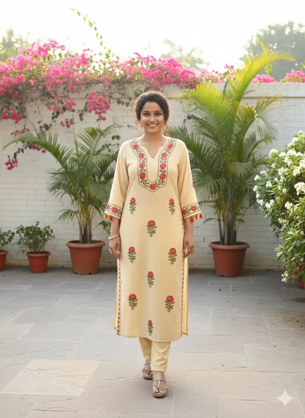 Butter_Cream_Crepe_Silk_Kurta_Set_With_Printed_Floral_Bootas_For_Women