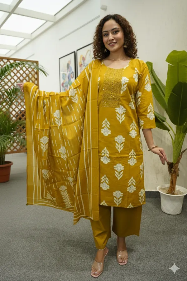 Mustard_Floral_Block_Print_Suit_Set_For_Women