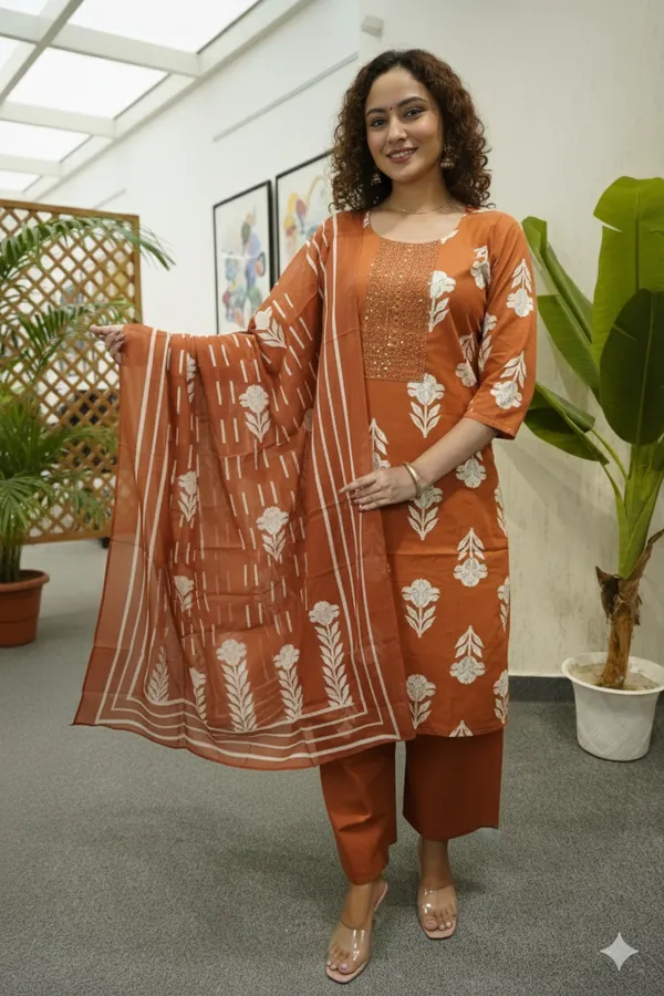 Rust_Orange_Floral_Block_Print_Suit_Set_For_Women