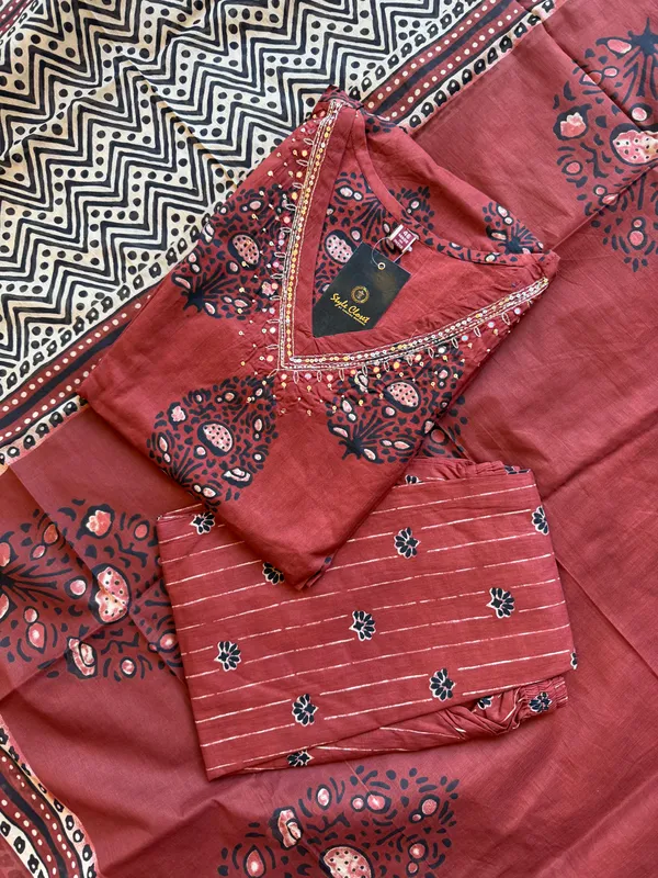 Deep_Ruby_Red_Hand-Block_Floral_Printed_Cotton_Suit_Set_For_Women