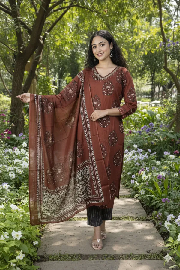 Deep_Ruby_Red_Hand-Block_Floral_Printed_Cotton_Suit_Set_For_Women