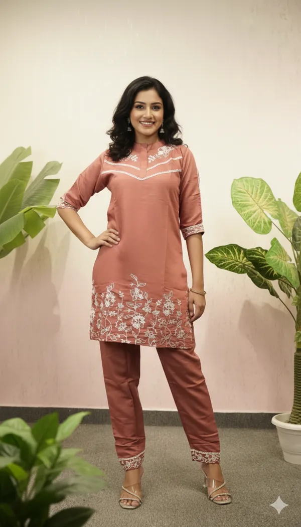 Dark_Peach_Dusty_Rose_Floral_Embroidered_Tunic_&_Trouser_Co-Ord_Set_For_Women