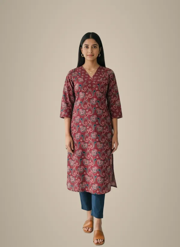 Maroon_Cotton_Premium_Jaipuri_Print_Kurta_For_Women