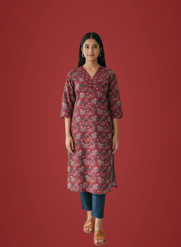 Maroon_Cotton_Premium_Jaipuri_Print_Kurta_For_Women