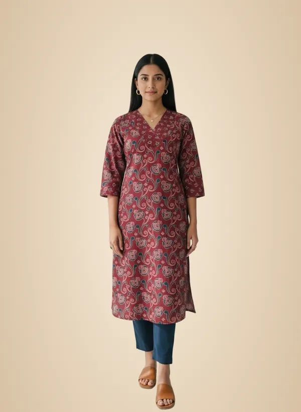 Maroon_Cotton_Premium_Jaipuri_Print_Kurta_For_Women