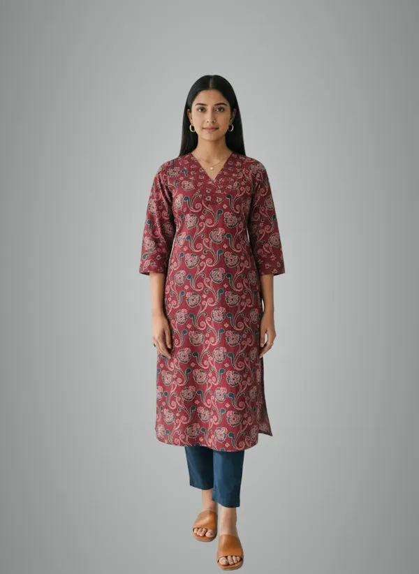 Maroon_Cotton_Premium_Jaipuri_Print_Kurta_For_Women
