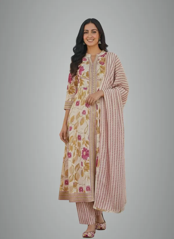 Off-White_Printed_Off-Cotton_Anarkali_Set_For_Women