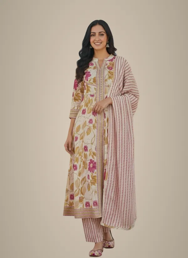 Off-White_Printed_Off-Cotton_Anarkali_Set_For_Women