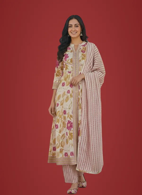 Off-White_Printed_Off-Cotton_Anarkali_Set_For_Women