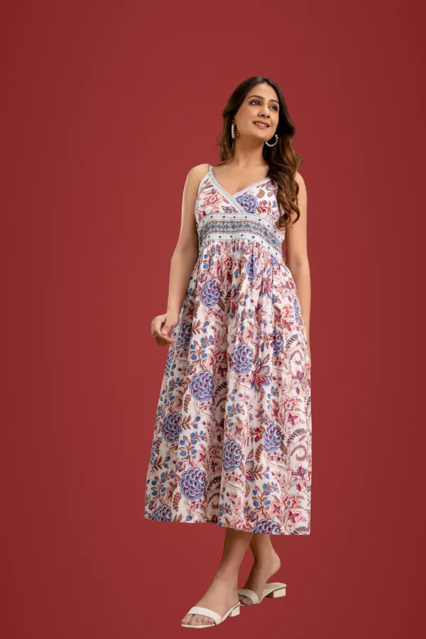 Red_And_Blue_Floral_Handblock_Cotton_Midi_Dress_For_Women