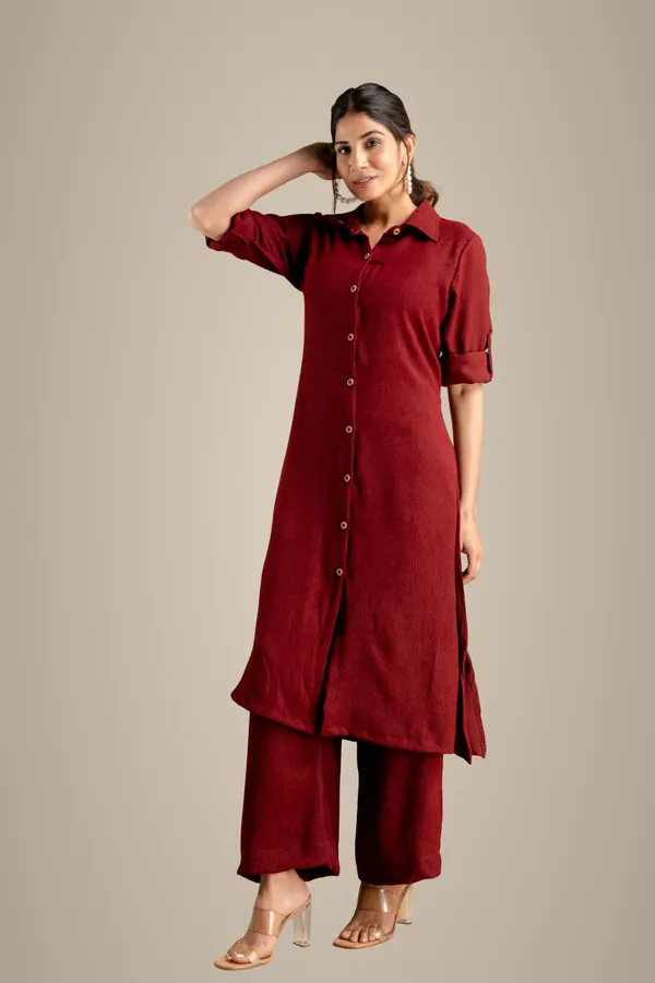 Maroon_Textured_Button-Down_Co-Ord_Set_Women