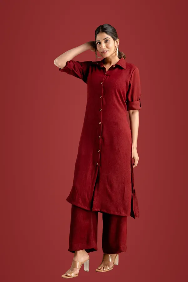 Maroon_Textured_Button-Down_Co-Ord_Set_Women