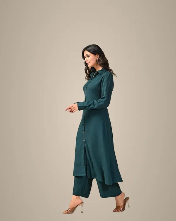 Bottle_Green_Text_Button-Down_Co-Ord_Set_For_Women